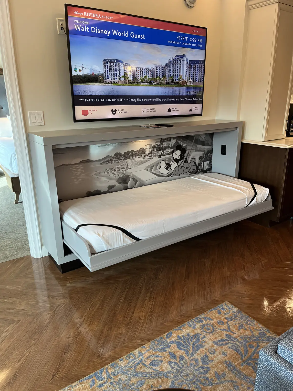 Disney resort room with a family-friendly pull-down bed