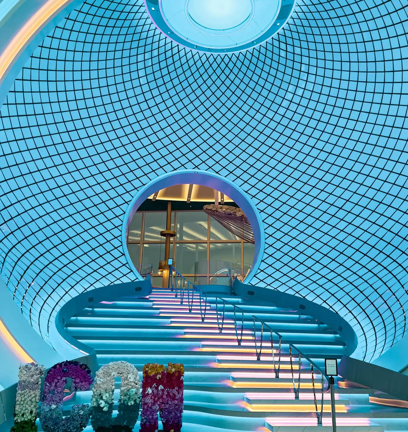 Bright, elegant atrium aboard an ocean cruise ship