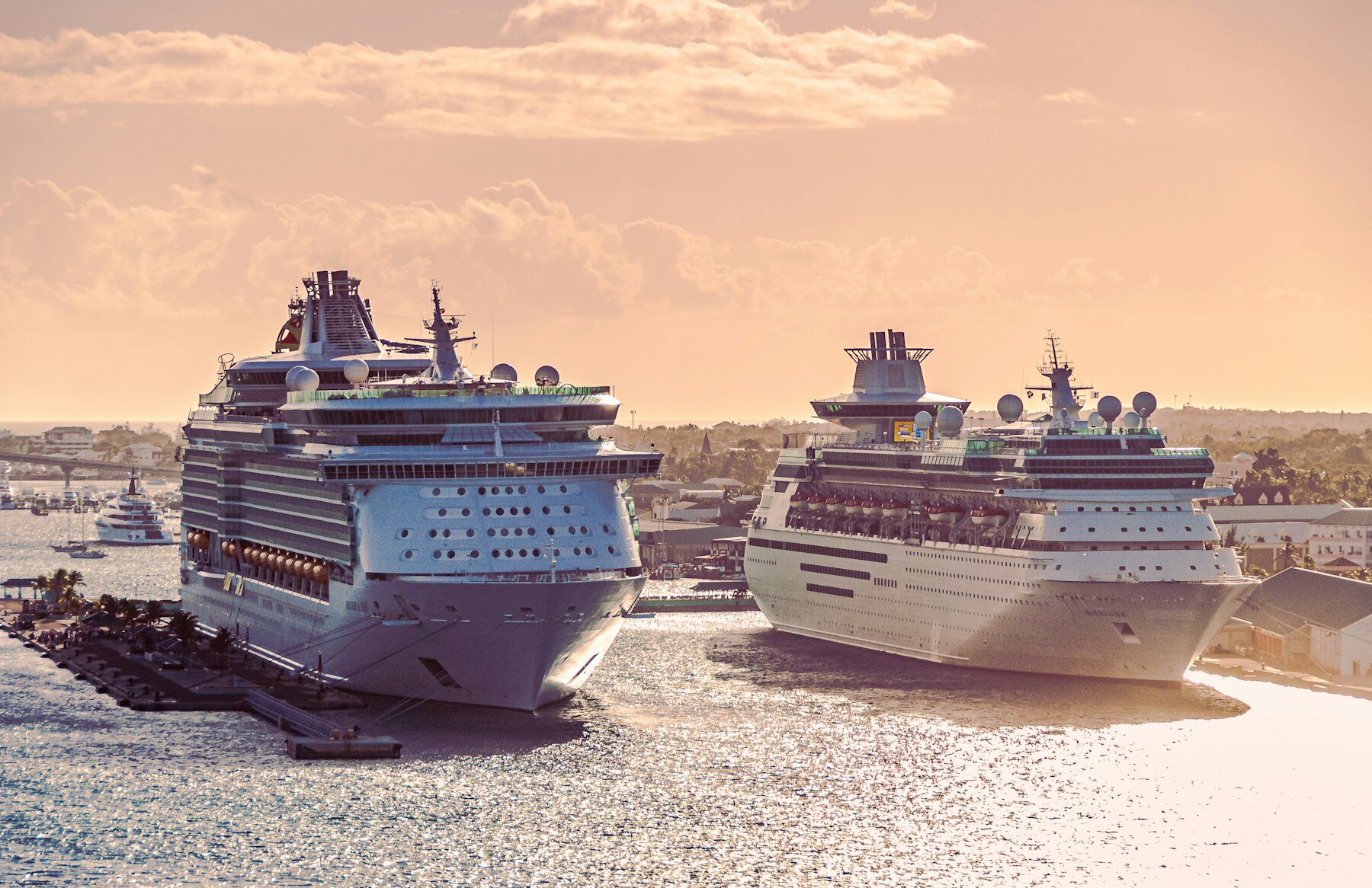 Two cruise ships docked in Nassau in the early morning