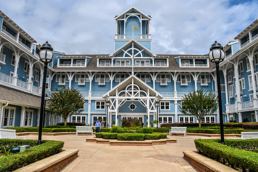 The recognizable blue and white front courtyard and entrance of Disney's Beach Club Resort