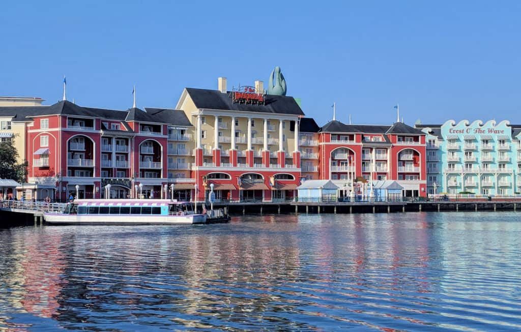 Disney's BoardWalk Inn and Villas beside Crescent Lake in daylight