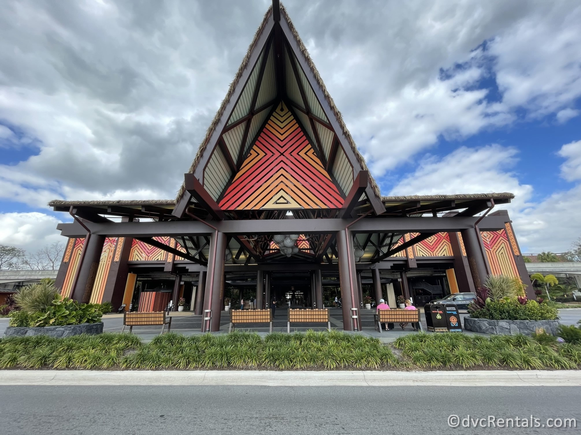 The dramatic A-frame entrance of the Great Ceremonial House at Disney's Polynesian Village Resort