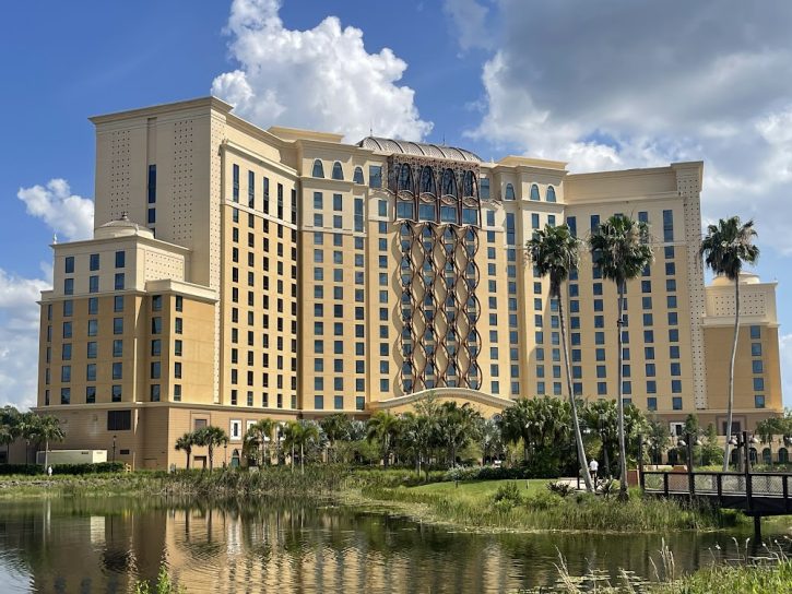 Gran Destino Tower rising above Lago Dorado at Disney's Coronado Springs Resort