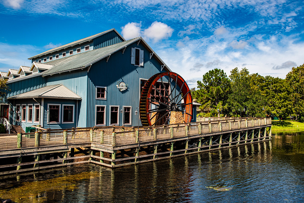Sassagoula Floatworks and Food Factory mill with its large water wheel at Disney's Port Orleans Resort Riverside