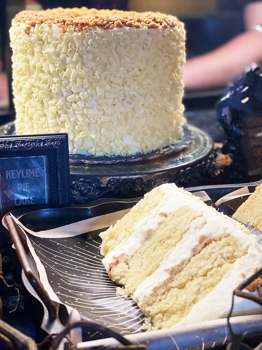 An abundant chocolate cake display at Disney Springs