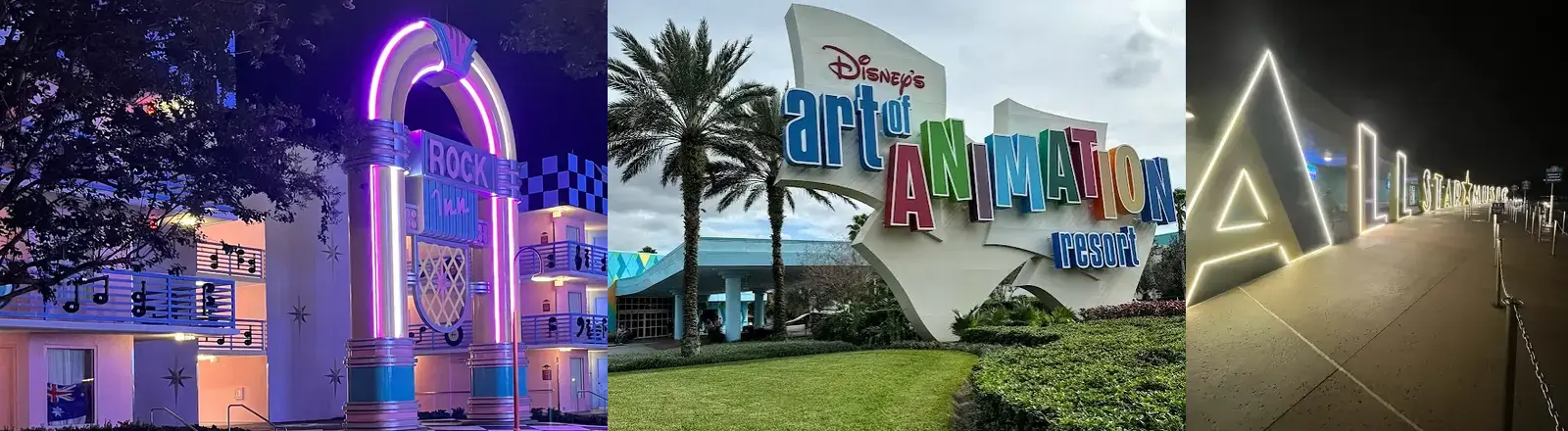 Disney Value Resort collage featuring All-Star Movies, Art of Animation and All-Star Music